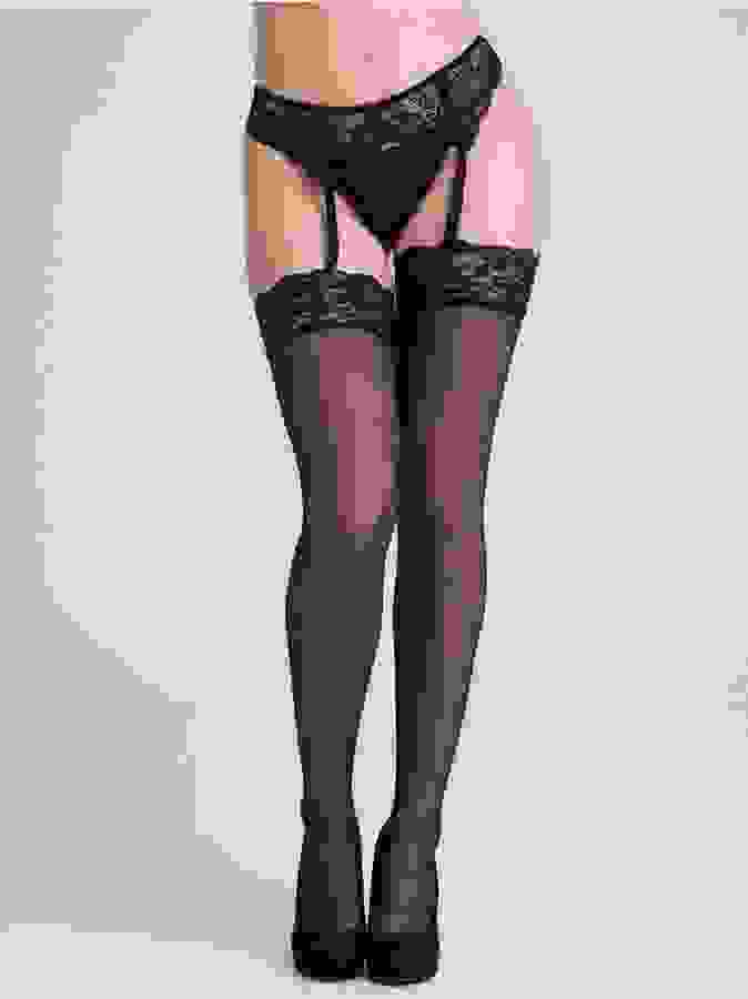Lovehoney Sheer Black Lace Top Thigh High Stockings, Black, hi-res